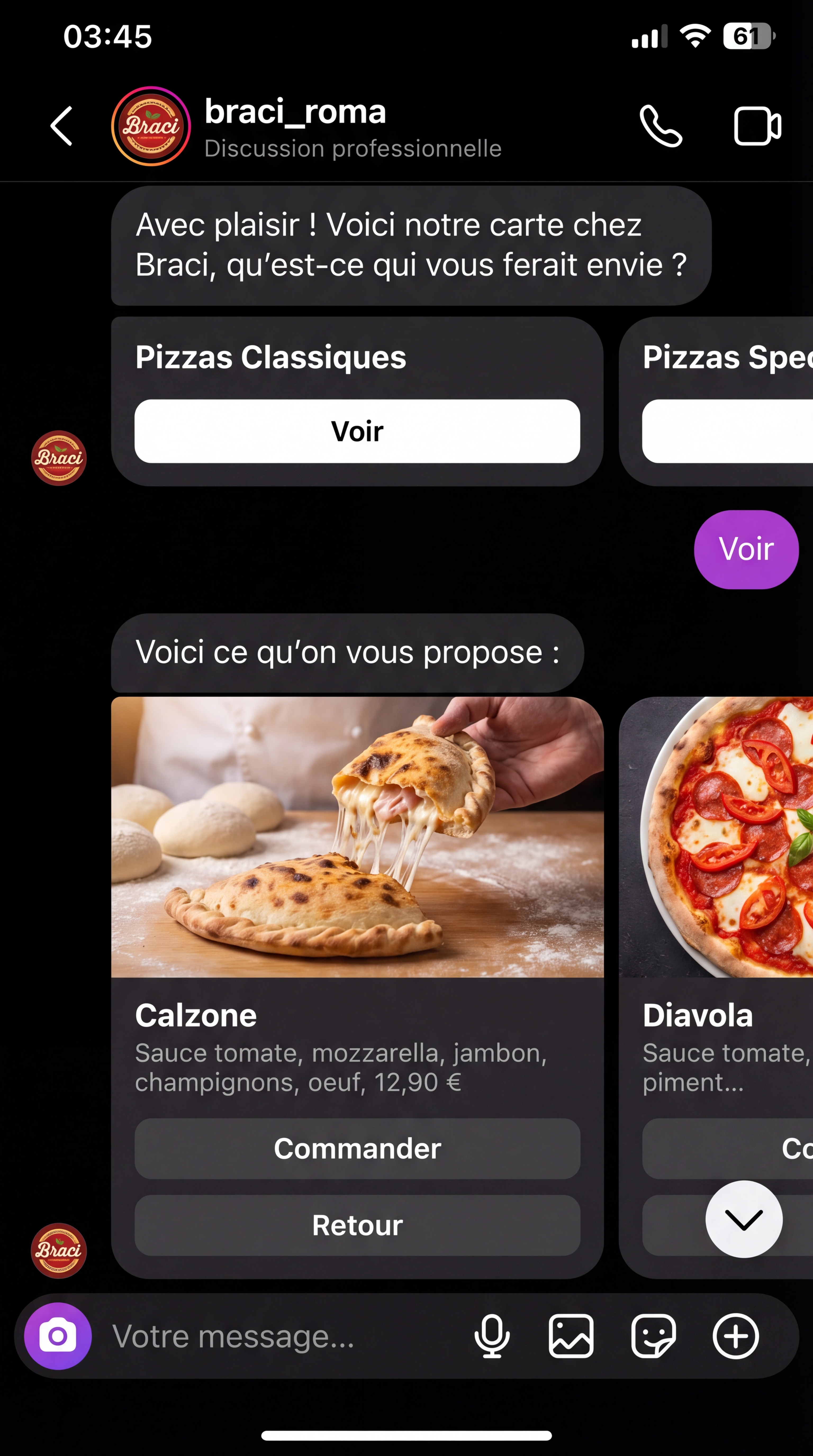 Conversation Instagram DM réelle avec chatbot OrdResto (restaurant Braci)